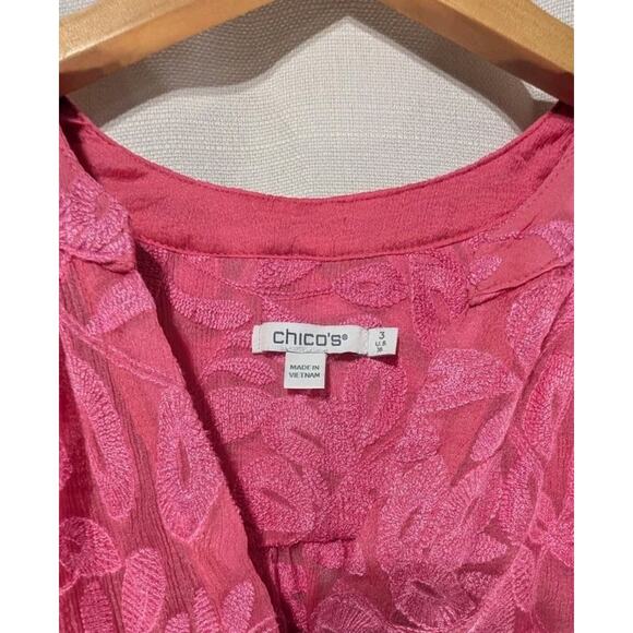 Chicos Women's Pink Floral Embroidered Blouse Sz 3(16) Boho Peasant Semi Sheer - Picture 6 of 8